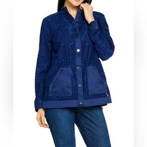 NWOT Isaac Mizrahi Live Womens Navy Textured Snap Front Drawstring Jacket M